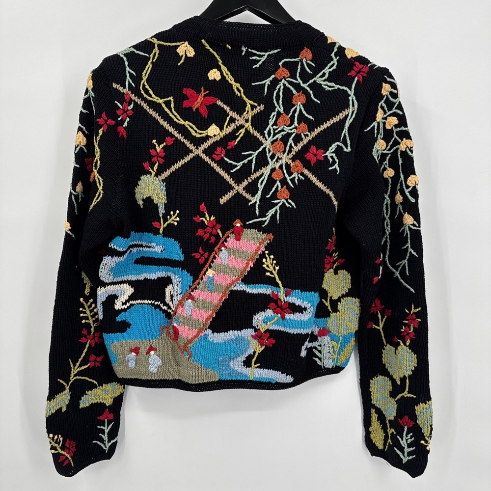 VTG Berek Marta D‎ Hand Knit 100% Pima V-neck Pullover Flower Vintage Sweater SM